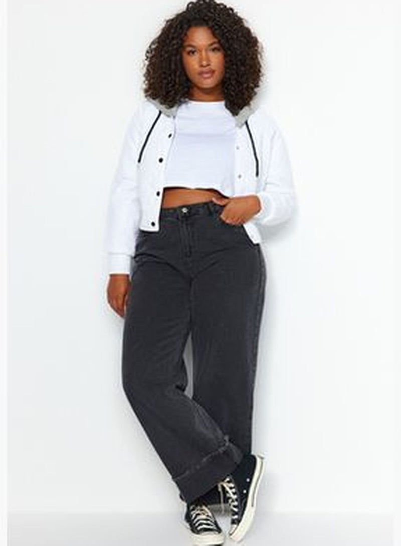 Gray High Waist Wide Cut Jeans with Turn-Up Detail