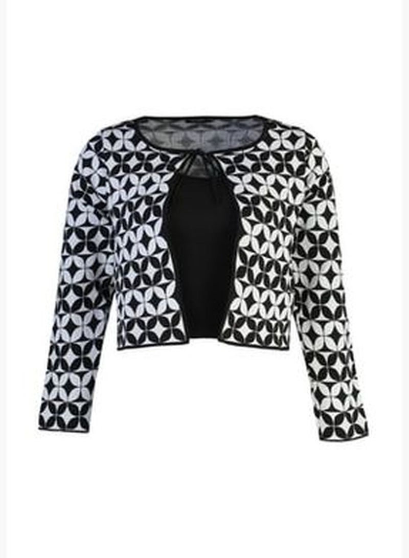 Black Geometric Pattern Tie Detailed Knitwear Blouse & Cardigan Suit TBBAW23AV00093