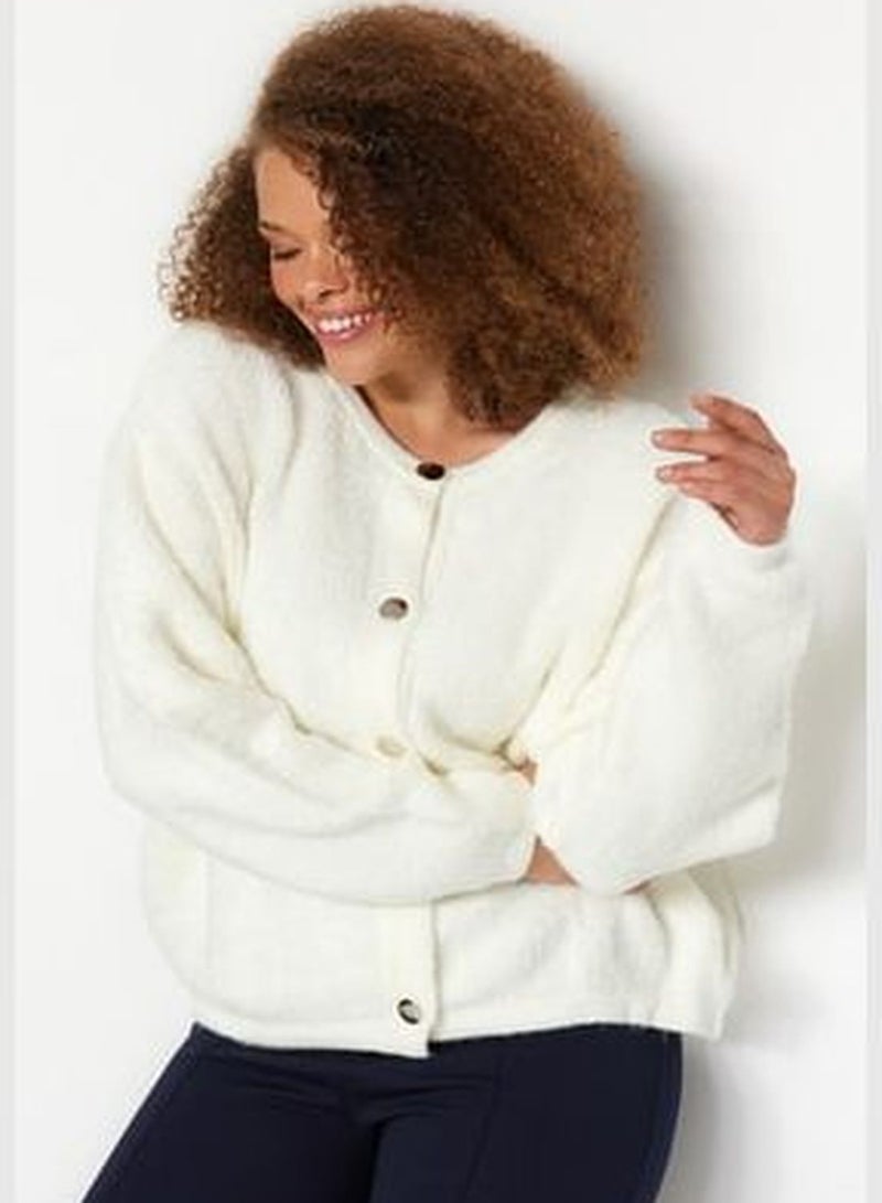 Ecru Plush Knitwear Cardigan with Button Closure TBBAW24AV00016