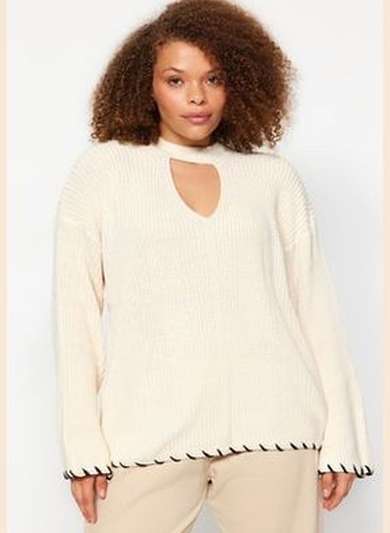 Beige Window/Cut Out Detailed Tricot Knitwear Sweater TBBAW24AN00038