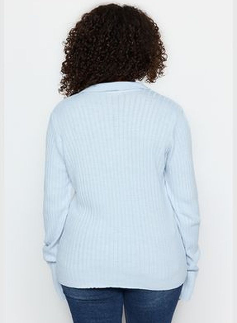 Light Blue Detailed Polo Neck Knitwear Sweater TBBAW24AN00048