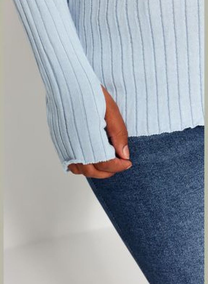 Light Blue Detailed Polo Neck Knitwear Sweater TBBAW24AN00048