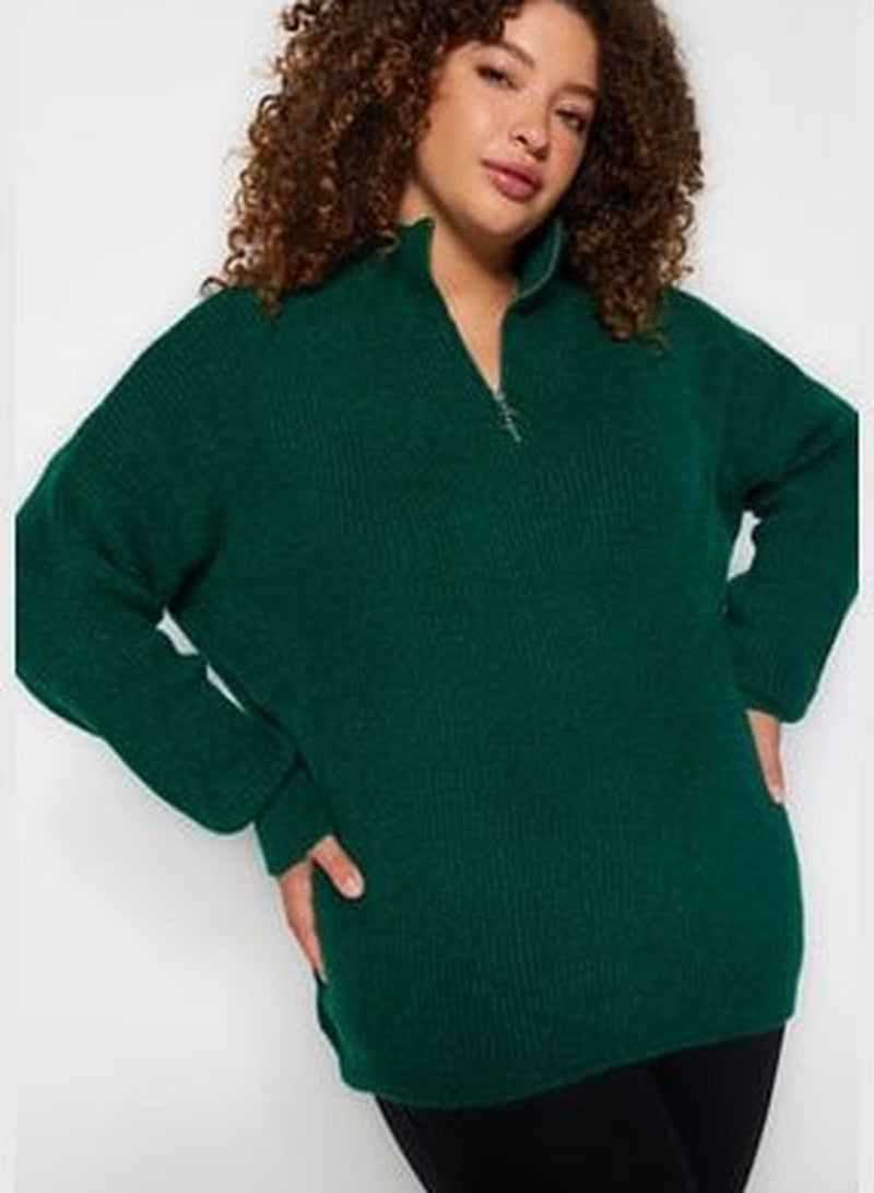 Green Zip-Up Knitwear Sweater TBBAW24AN00054
