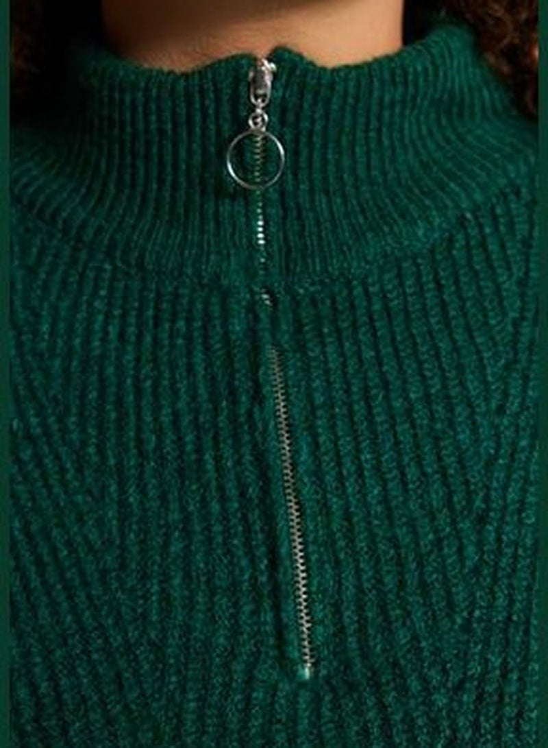 Green Zip-Up Knitwear Sweater TBBAW24AN00054