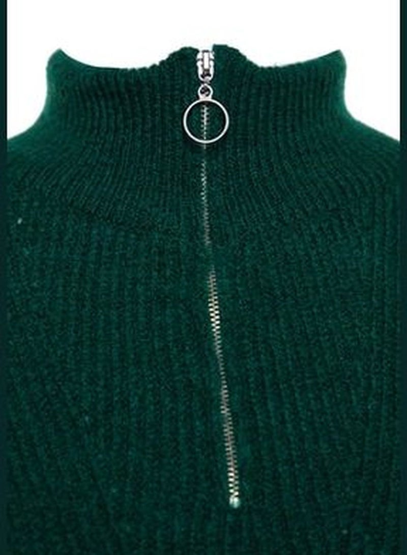 Green Zip-Up Knitwear Sweater TBBAW24AN00054