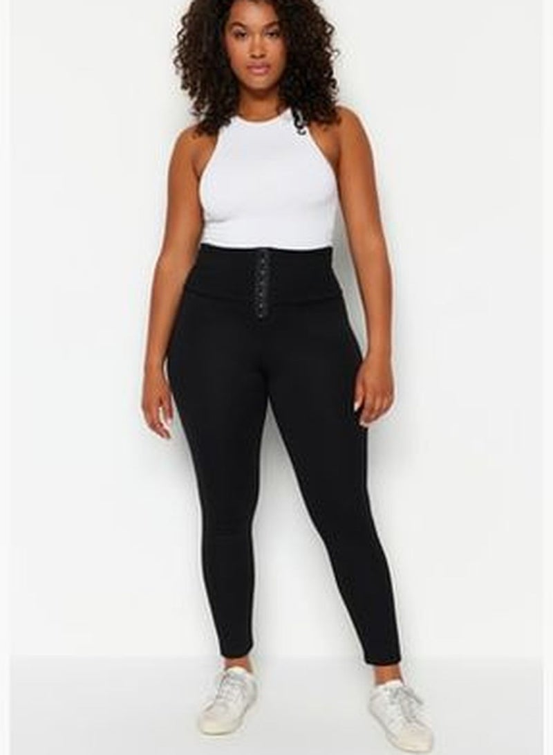 Black Corset-Look High Waist Interlock Knitted Leggings.