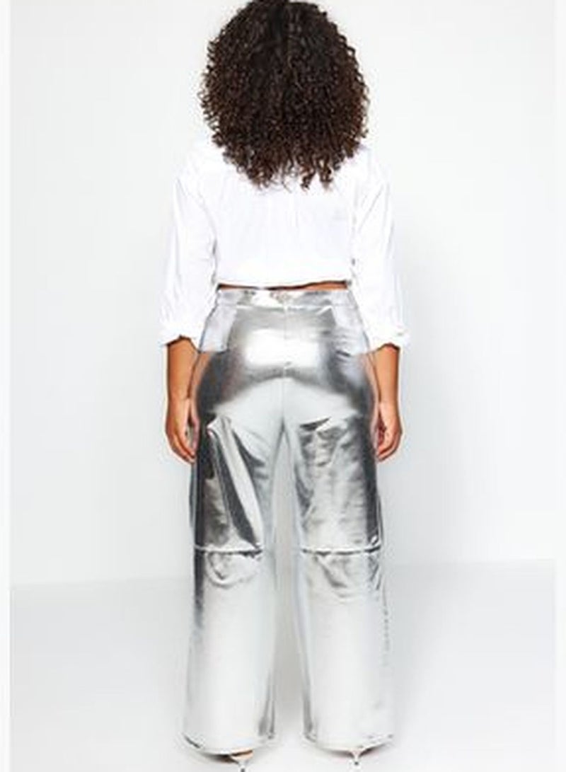 Gray Metallic Wide Cut Woven Trousers TBBAW24AR00026