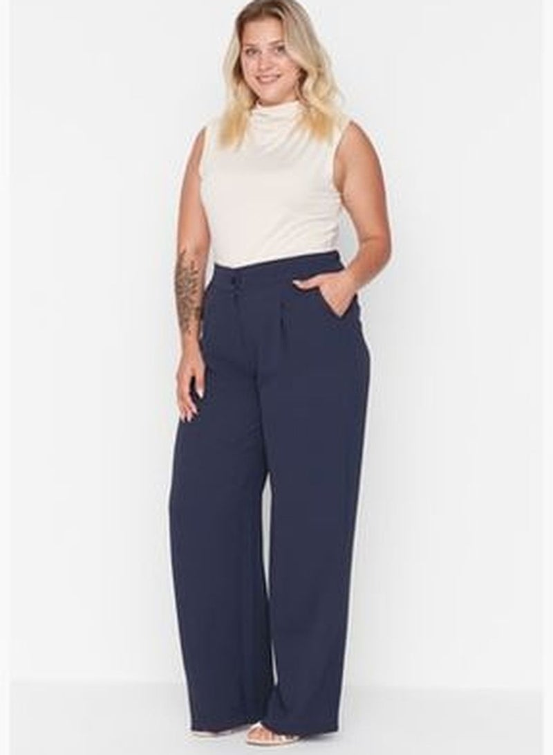 Navy Blue High Waist Pleated Woven Trousers TBBSS22PL0448