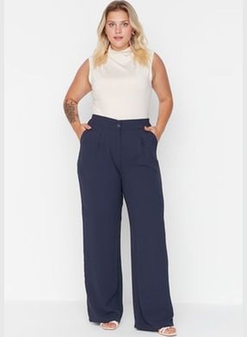 Navy Blue High Waist Pleated Woven Trousers TBBSS22PL0448