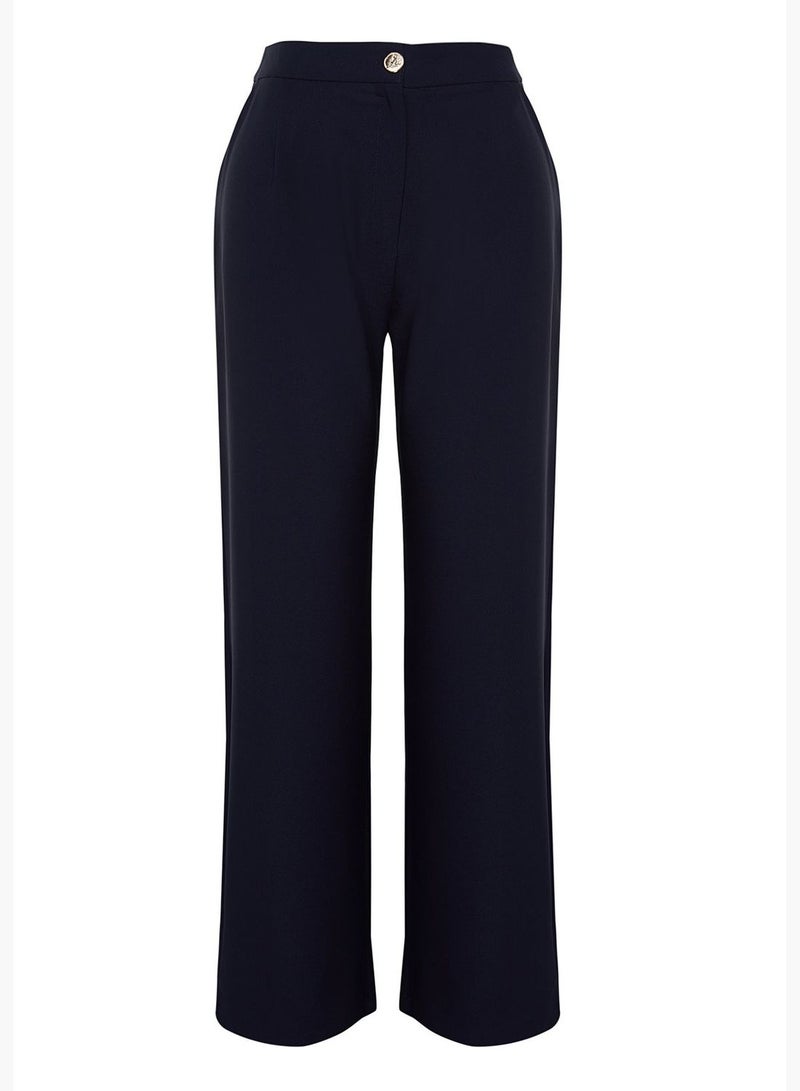 Navy Blue High Waist Woven Finike Plus Size Trousers