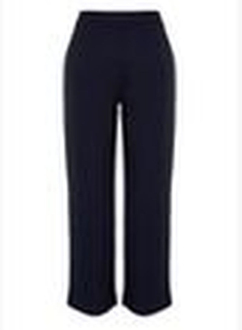 Navy Blue High Waist Woven Finike Plus Size Trousers