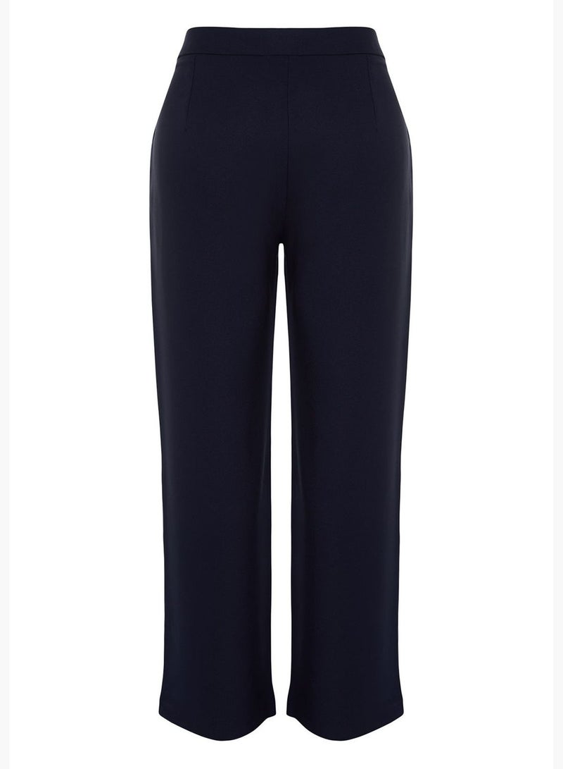 Navy Blue High Waist Woven Finike Plus Size Trousers