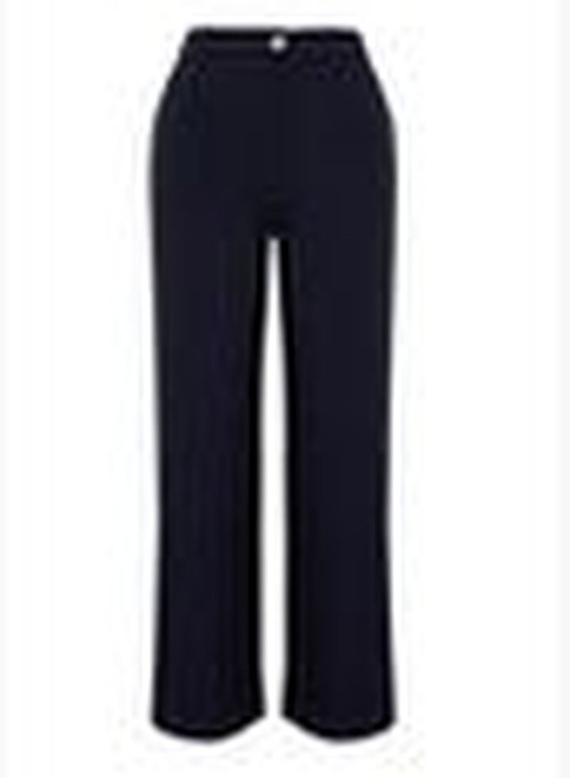 Navy Blue High Waist Woven Finike Plus Size Trousers