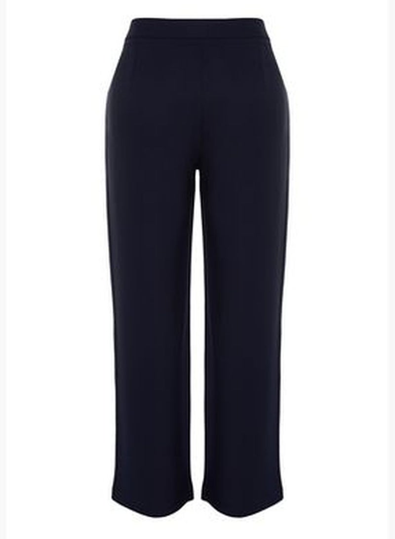 Navy Blue High Waist Woven Finike Plus Size Trousers