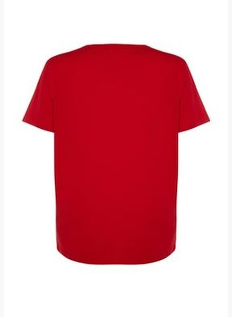 Red Crew Neck Printed Knitted T-Shirt