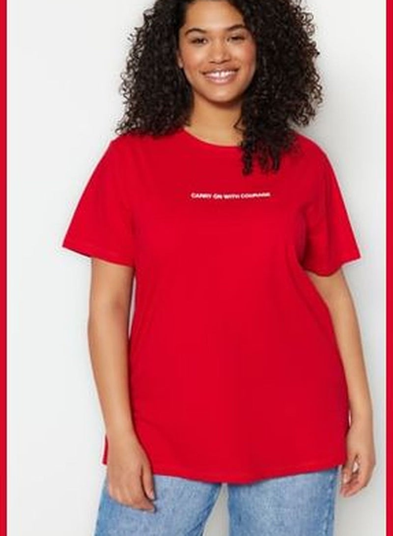 Red Crew Neck Printed Knitted T-Shirt