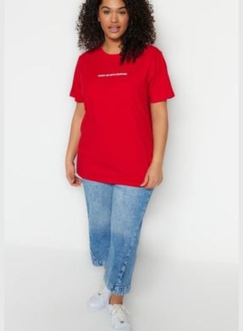 Red Crew Neck Printed Knitted T-Shirt