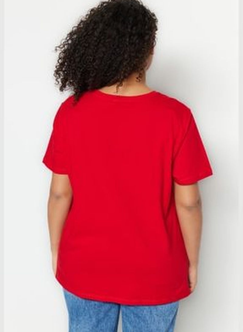 Red Crew Neck Printed Knitted T-Shirt