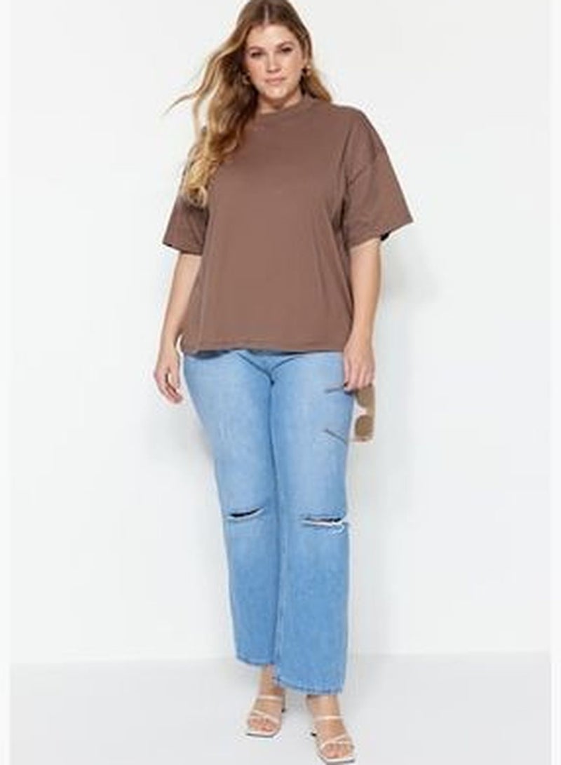 Brown Collar Ribbed Wide fit Basic Knitted T-shirt TBBSS23BF00017