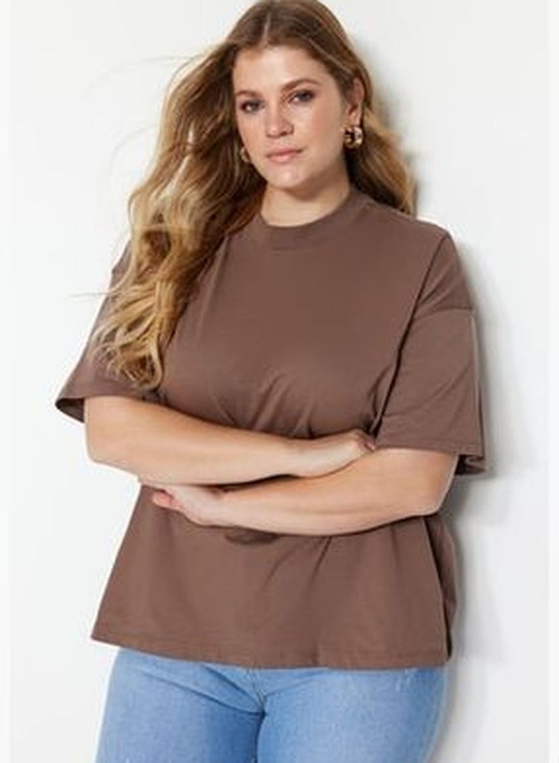 Brown Collar Ribbed Wide fit Basic Knitted T-shirt TBBSS23BF00017