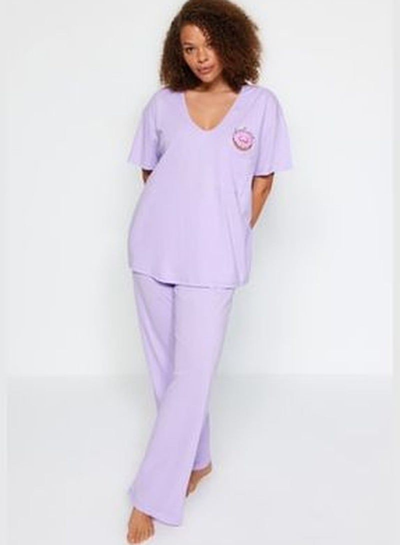 Lilac Printed, Pocket Detailed, Knitted Pajamas Set TBBAW24AI00004.