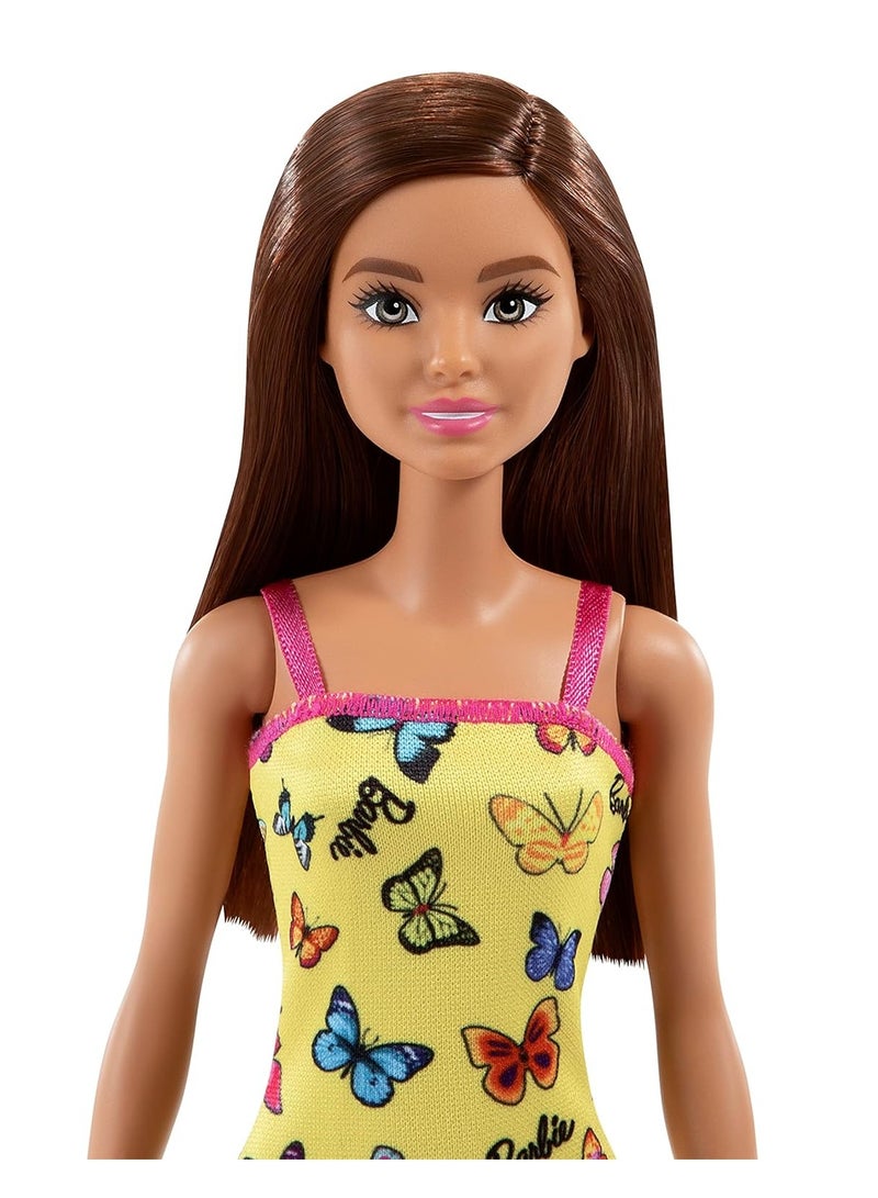 Barbie Doll Brunette Yellow Butterfly Summer Sun Dress - Pink Shoes