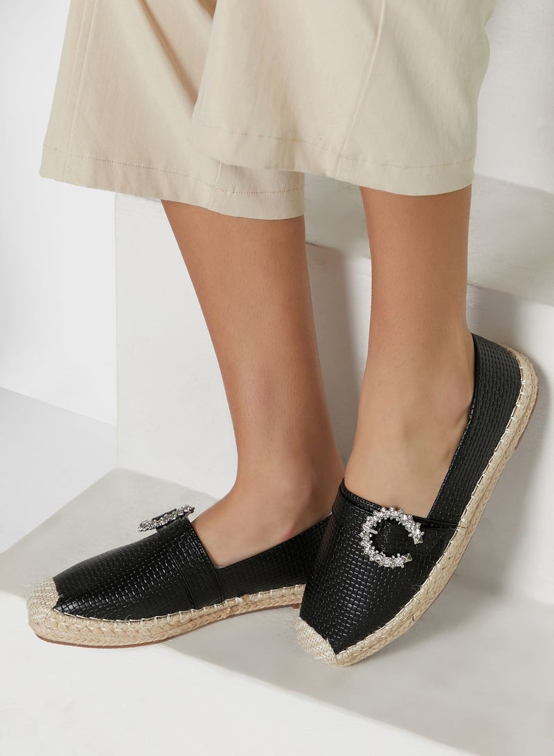 Textured Diamante Buckle Flat Espadrille