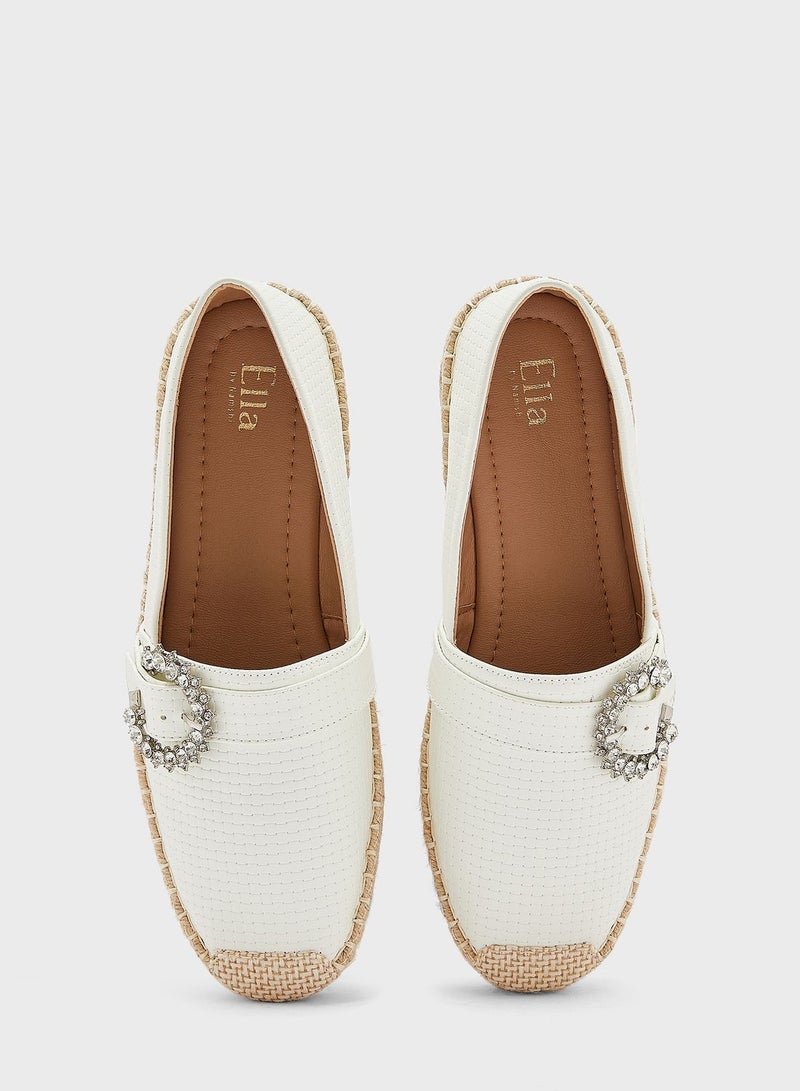 Textured Diamante Buckle Flat Espadrille