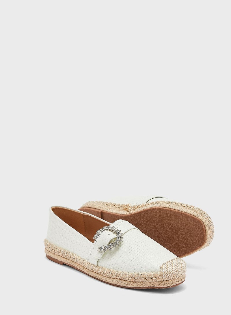 Textured Diamante Buckle Flat Espadrille