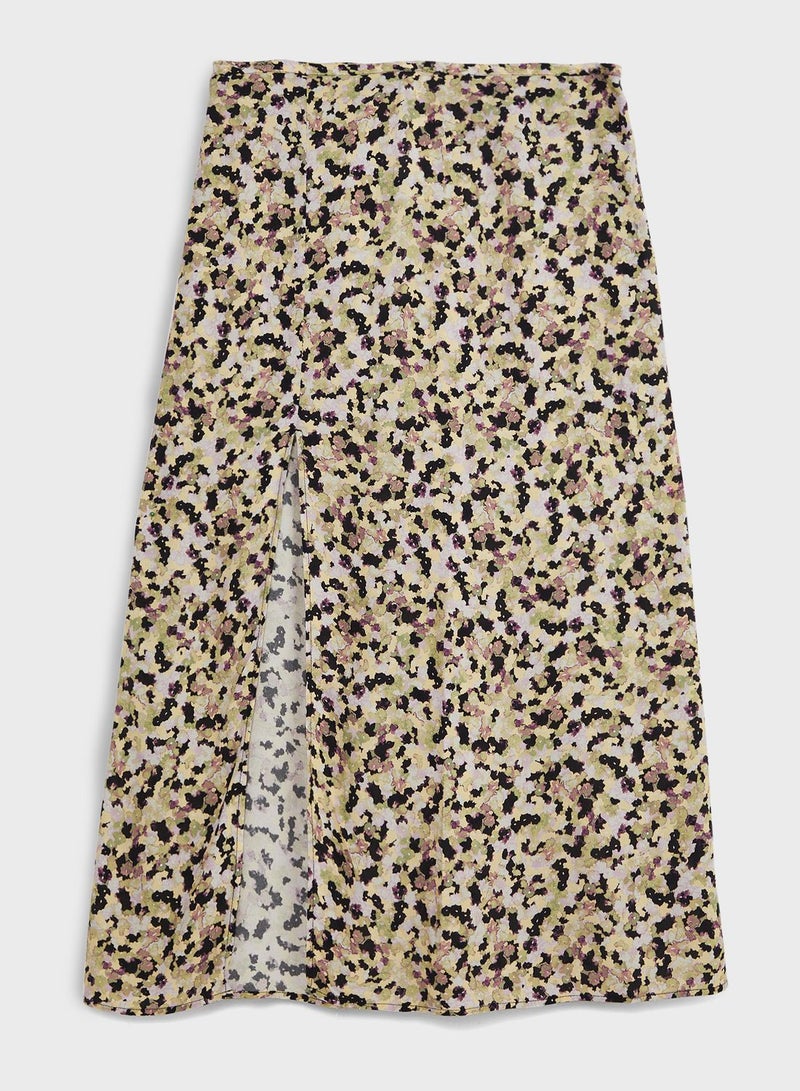 Floral Print Front Slit Skirt