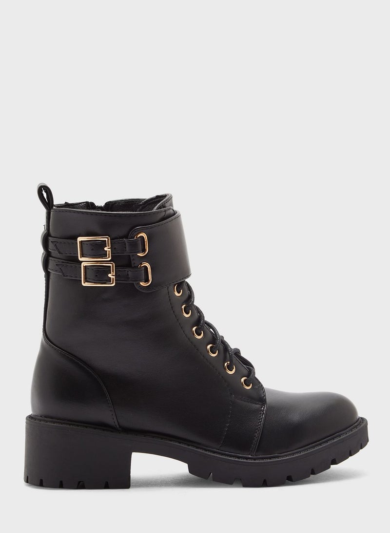 Gold Buckle Detail Military Boot