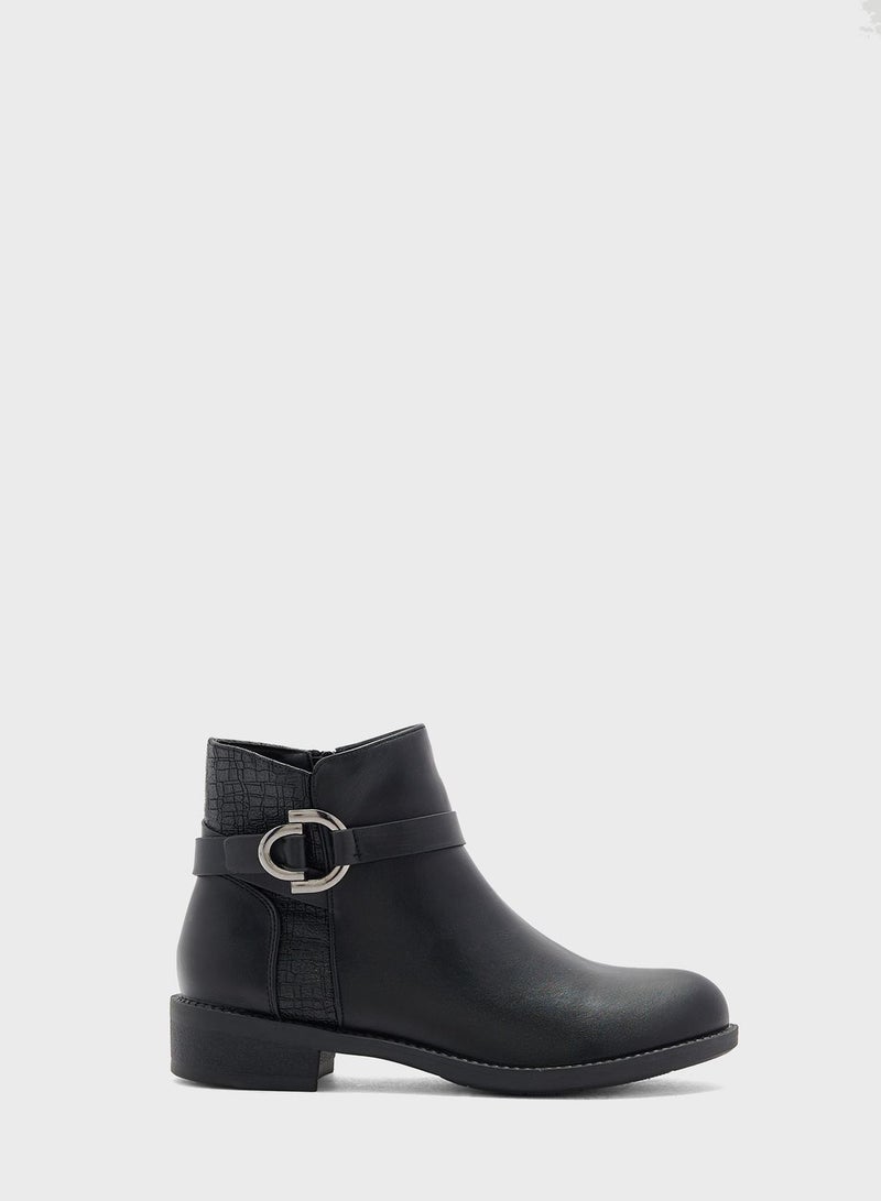 Croc Detail And Buckle Round Toe Boot