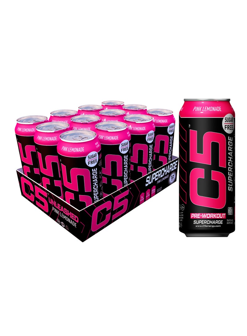 C5 Energy Drink Supercharge Pink Lemonade Pre-Workout, Sugar Free,150mg Caffiene, Zero Calories with Beta Alanine, L-Arginine, Taurine, Beta Alanin,