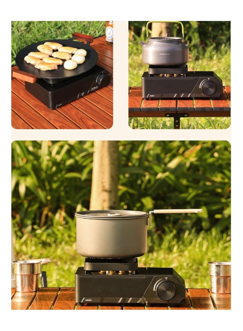 The Portable Camping Stove in black is a butane-fueled cooking solution equipped with electronic ignition, designed for camping, hiking, and emergency cooking situations.
