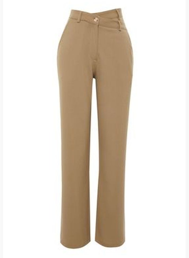 Beige Premium Straight/Straight Fit Asymmetric Waist Detail Woven Trousers TWOSS24PL00067