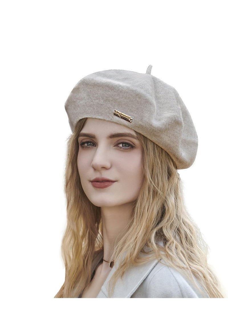 Wool Beret Hat for Woman, Lady Fashion French Beret Hat, Solid Color Stylish French Style Winter Warm Cap for Women Girls (Beige)