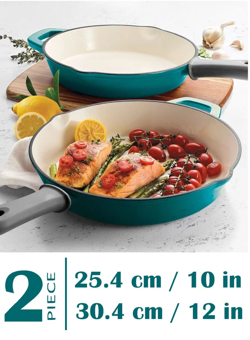 Enamelled Cast Iron Skillets With Grip 2 Pack - Teal  25.4 + 30.4 cm / 10 + 12 in