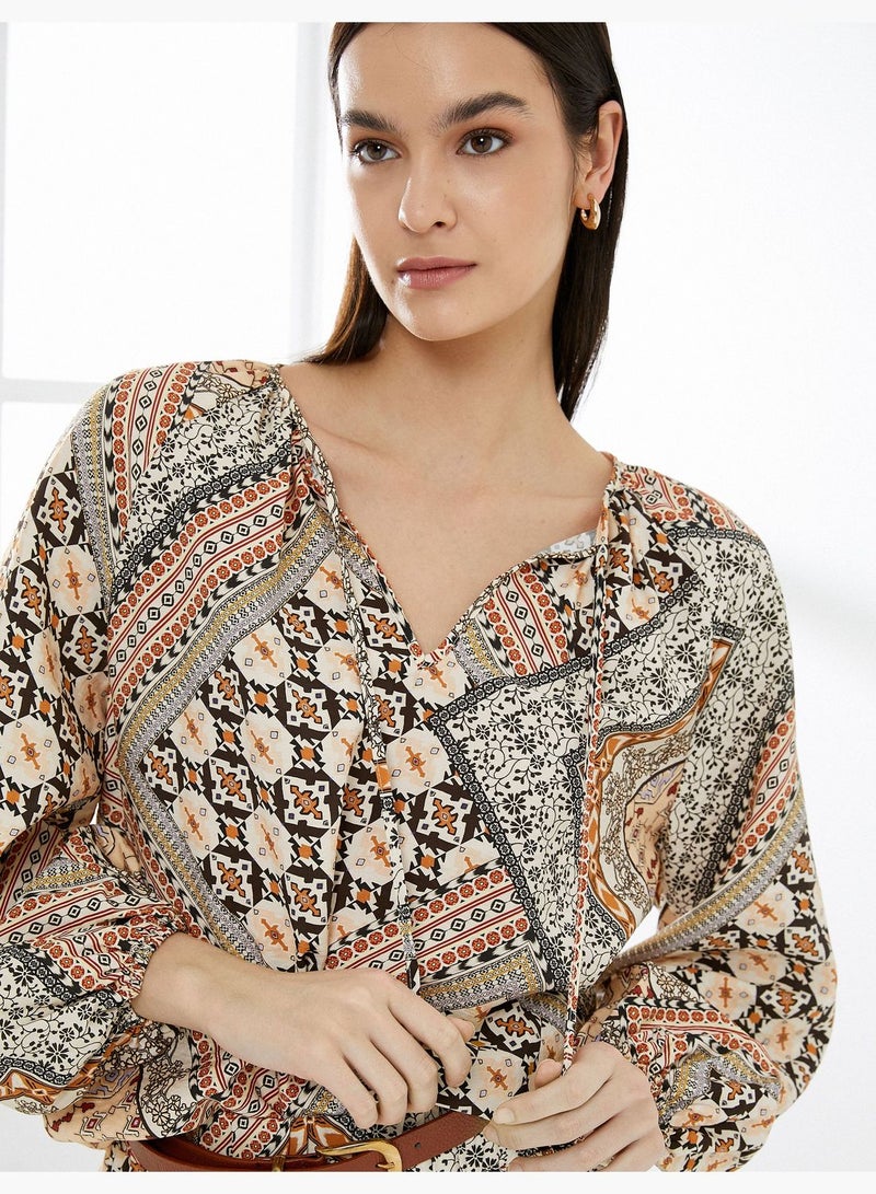 Viscose Mix Cut Out Detail Puff Sleeve Ethnic Patterned Blouse