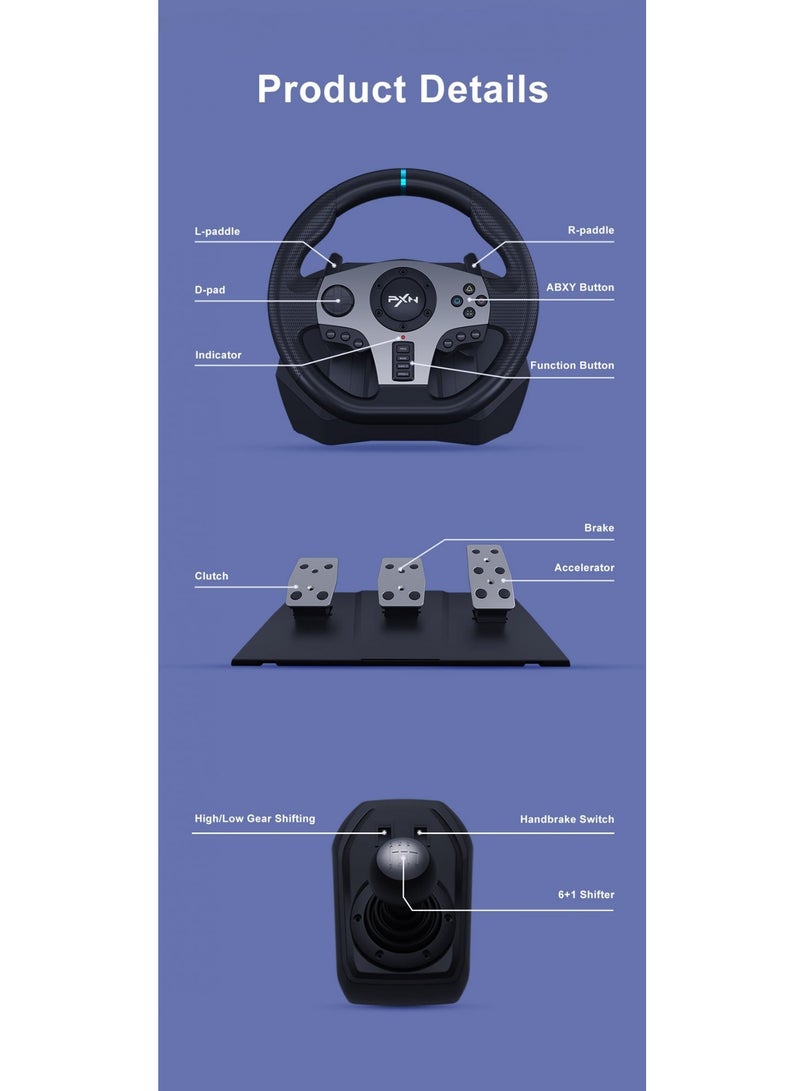 Racing Wheel Dual-Motor Feedback Driving with Pedals and Shifter for PS4, PC, Xbox One, Xbox Series S/X, and Nintendo Switch