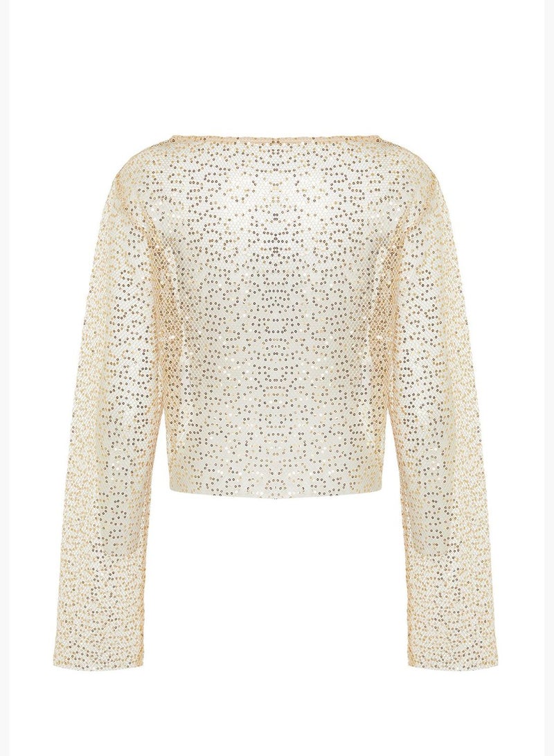 Beige Crop Knitted Unlined Shiny Mesh Sequin Blouse