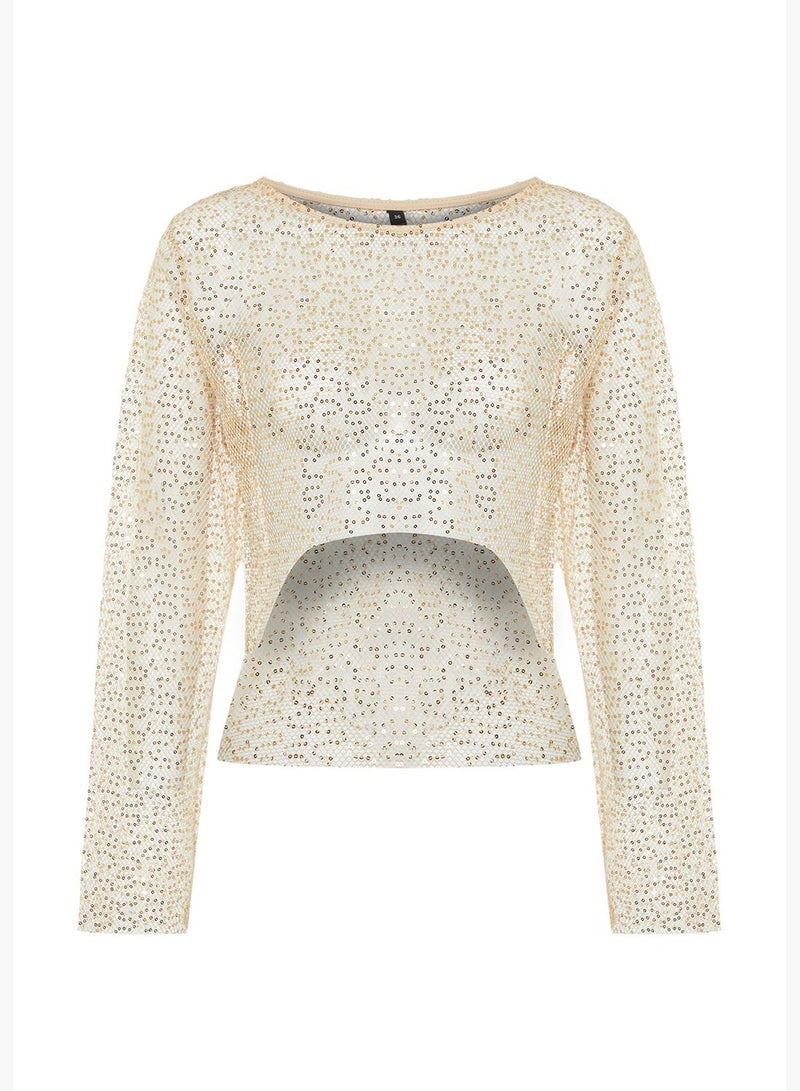 Beige Crop Knitted Unlined Shiny Mesh Sequin Blouse