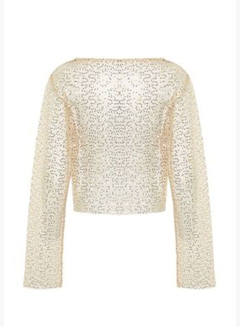 Beige Crop Knitted Unlined Shiny Mesh Sequin Blouse