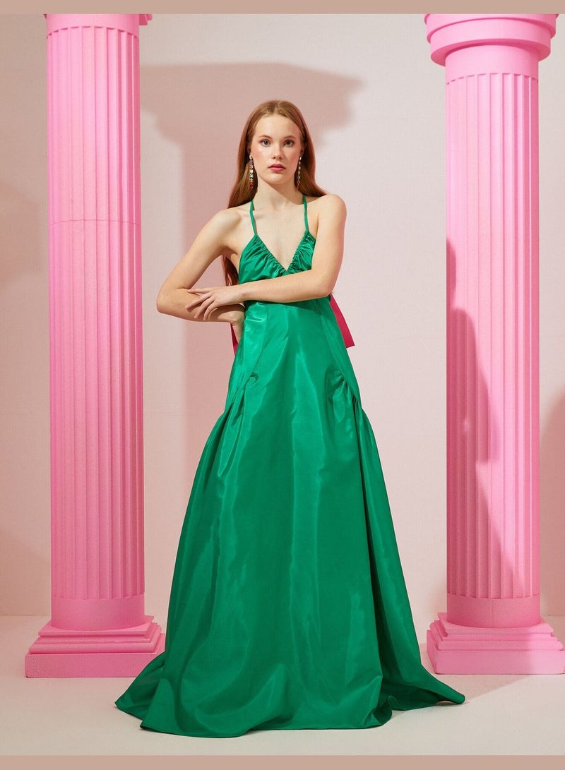 Rachel Araz X Koton - Back Detail Tie Detail Satin Long Dress