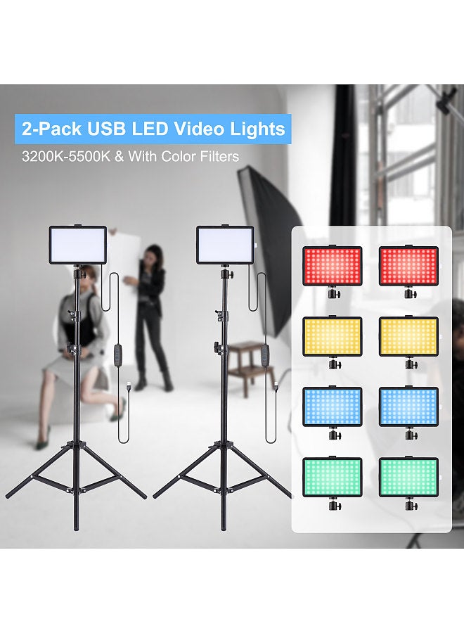 2 Pack USB LED Video Lights Kit with 3200K-5500K Fill Lights Dimmable 172cm/67.7in Light Stands Flexible Ballheads Color Filters