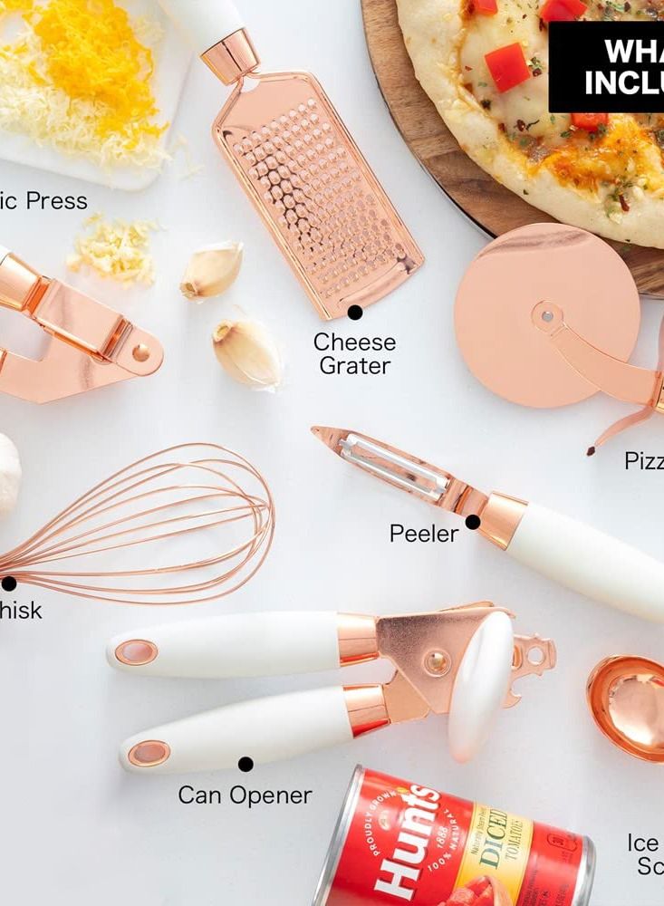 7 PCS Kitchen Gadget Set Copper Coated Stainless Steel Utensils with Soft Touch White Handles, Cooking Tools Including Garlic Press, Whisk, Ice Cream Scoop, Can Opener, Peeler, Scraper, Pizza Knife