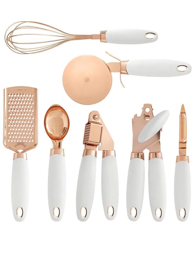 7 PCS Kitchen Gadget Set Copper Coated Stainless Steel Utensils with Soft Touch White Handles, Cooking Tools Including Garlic Press, Whisk, Ice Cream Scoop, Can Opener, Peeler, Scraper, Pizza Knife