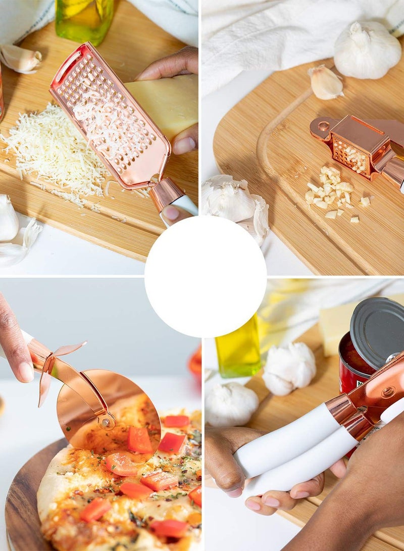 7 PCS Kitchen Gadget Set Copper Coated Stainless Steel Utensils with Soft Touch White Handles, Cooking Tools Including Garlic Press, Whisk, Ice Cream Scoop, Can Opener, Peeler, Scraper, Pizza Knife