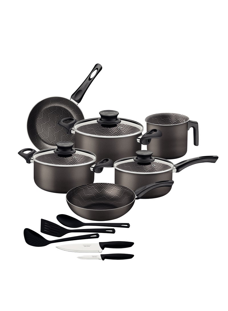 Since 1911,Made in Brazil- Paris 14 Pieces Graphite Aluminum Cookware Set with Interior and Exterior Starflon Max Nonstick Coating