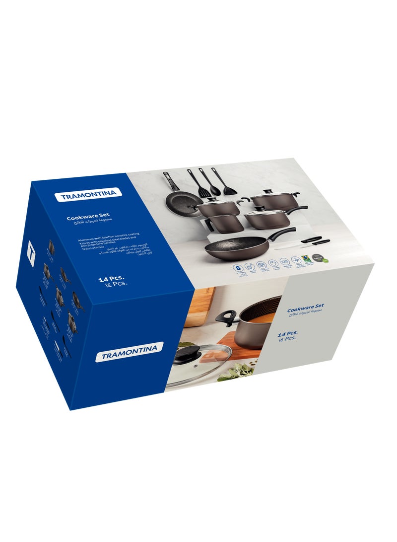 Since 1911,Made in Brazil- Paris 14 Pieces Graphite Aluminum Cookware Set with Interior and Exterior Starflon Max Nonstick Coating