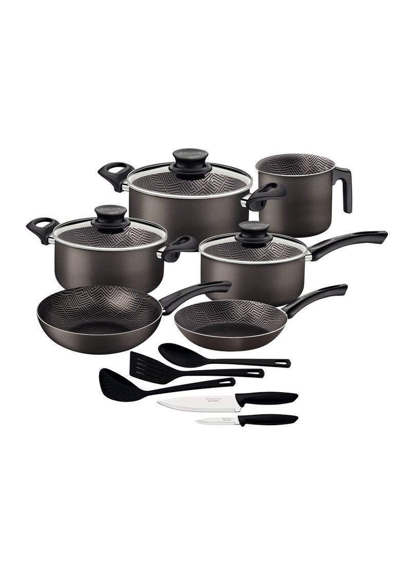 Since 1911,Made in Brazil- Paris 14 Pieces Graphite Aluminum Cookware Set with Interior and Exterior Starflon Max Nonstick Coating